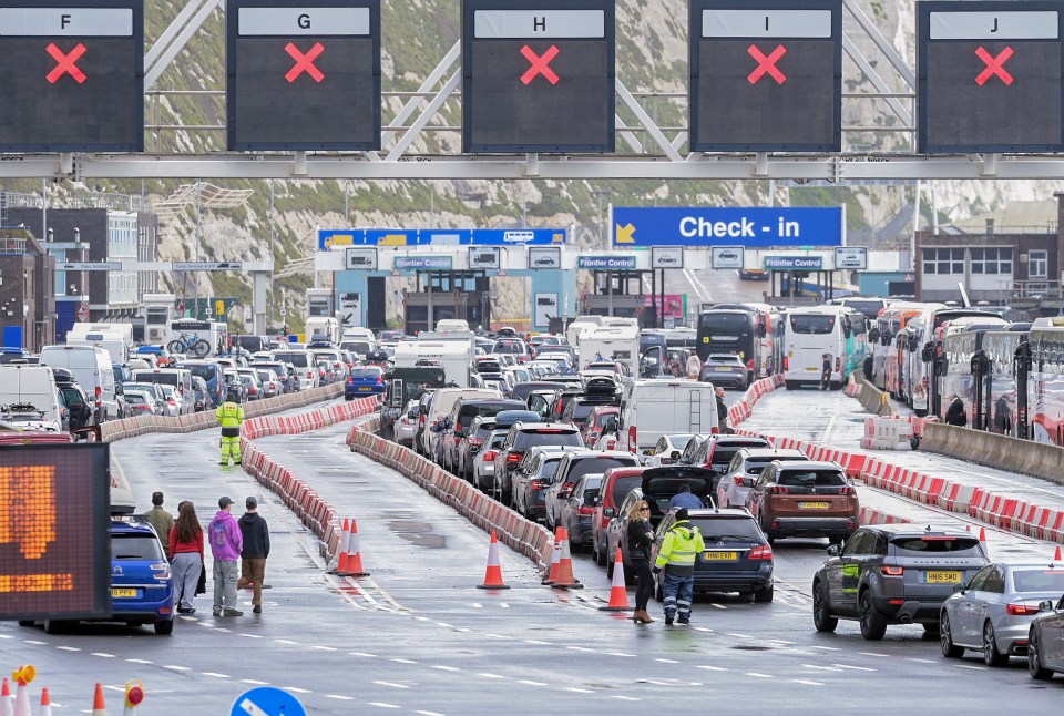 Long queues of vehicles at a port.  Multiple lanes are closed.