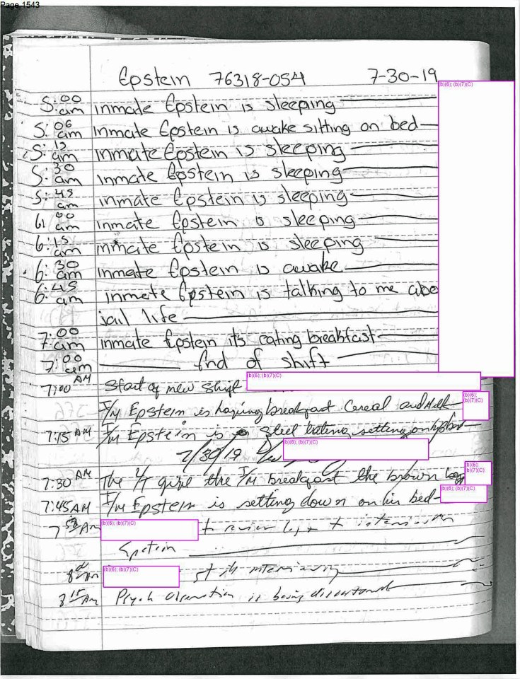 Page of prison documents detailing Jeffrey Epstein's activities.