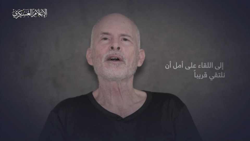 Video still of Keith Siegel, a hostage, speaking to the camera.