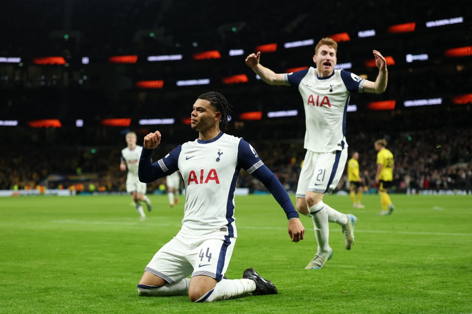 Tottenham Hotspur players celebrating a goal.