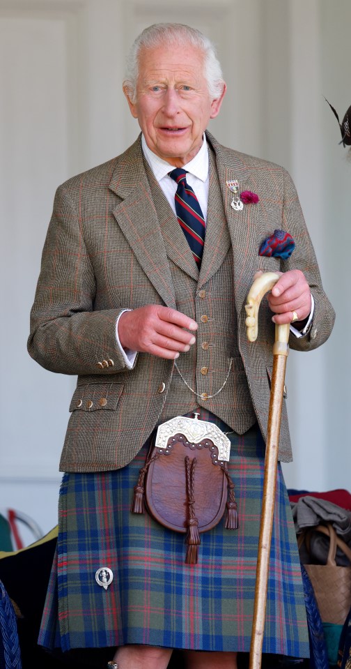 King Charles III at the Braemar Gathering in a kilt.