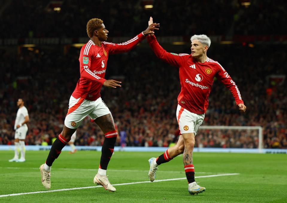 Marcus Rashford and Alejandro Garnacho celebrating a goal.