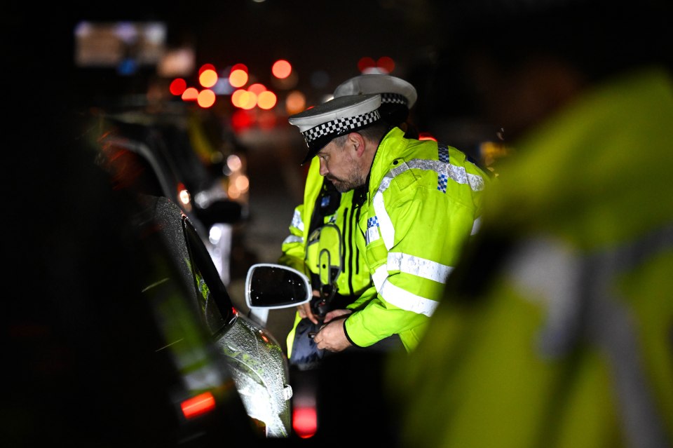 Police officer conducting a roadside check of a vehicle at night.