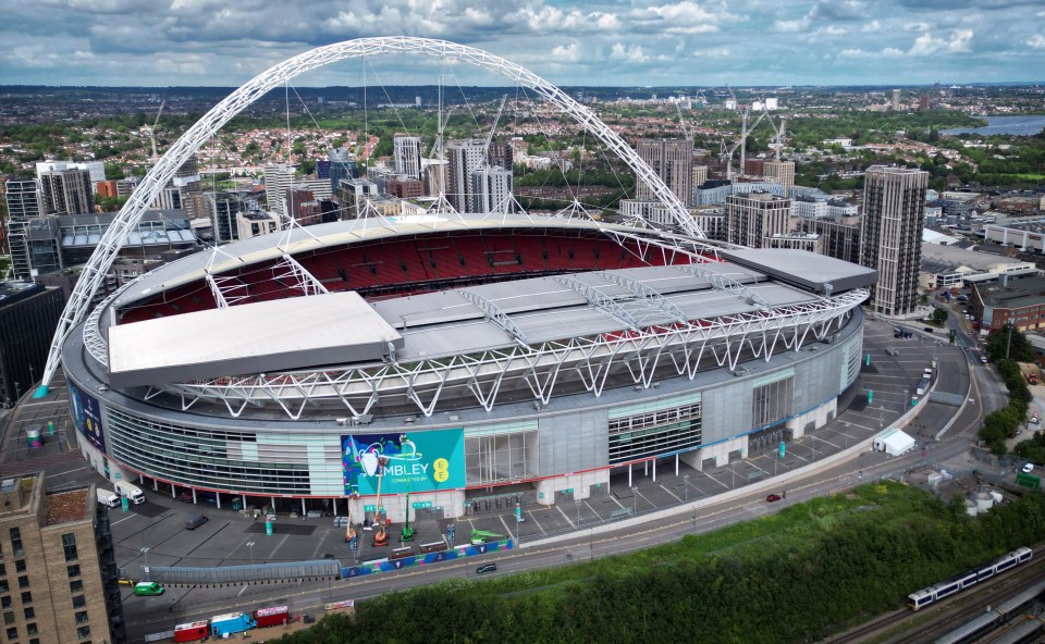 Aerial view of Wembley Stadium with branding being installed.