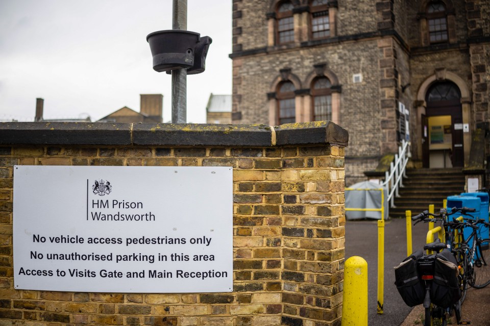 HM Prison Wandsworth entrance sign: pedestrians only, no unauthorized parking.