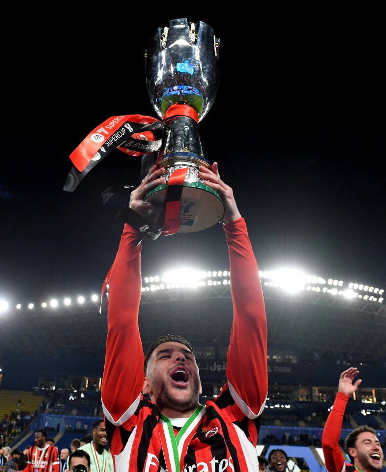 Theo Hernandez of AC Milan lifts the Italian Super Cup trophy.