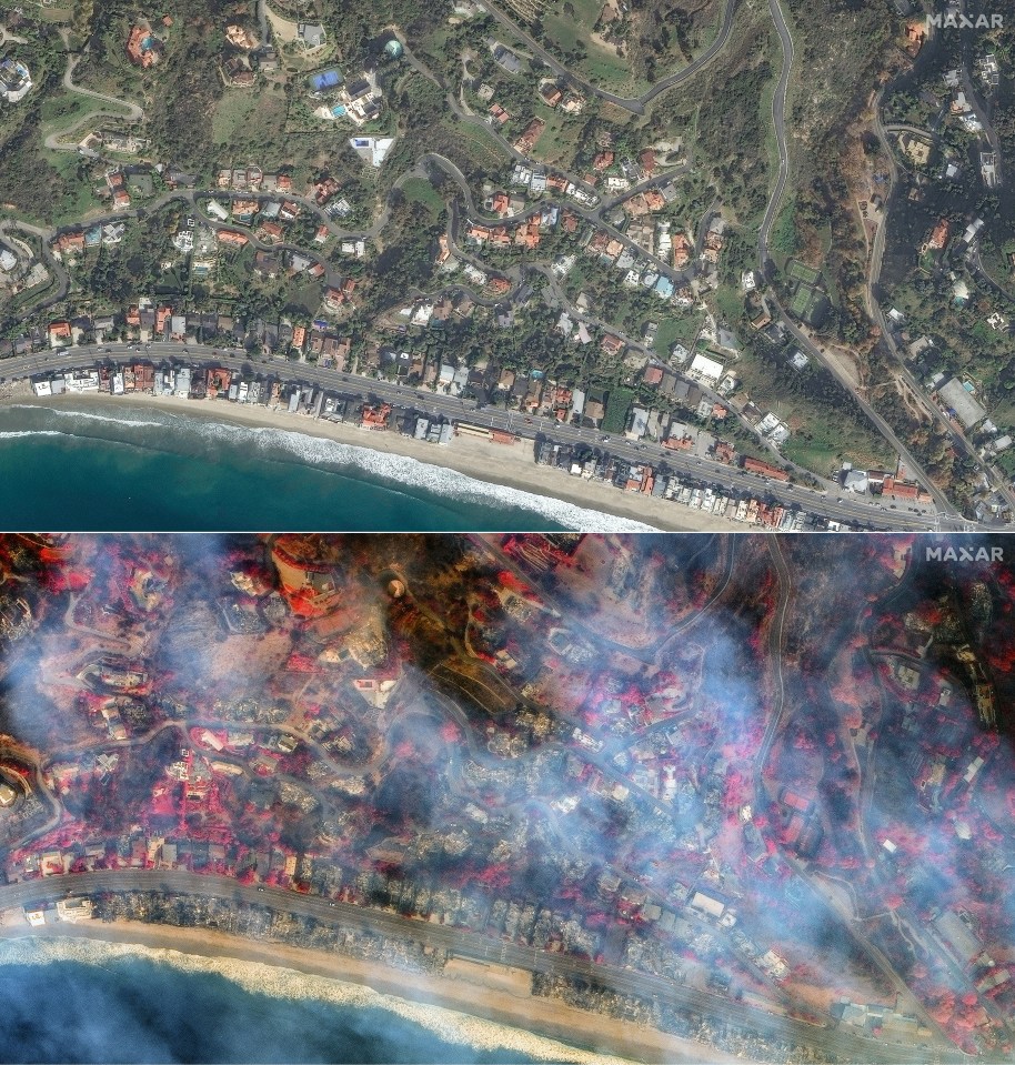 Satellite images showing before and after views of a coastal neighborhood in Malibu, California, after a wildfire.