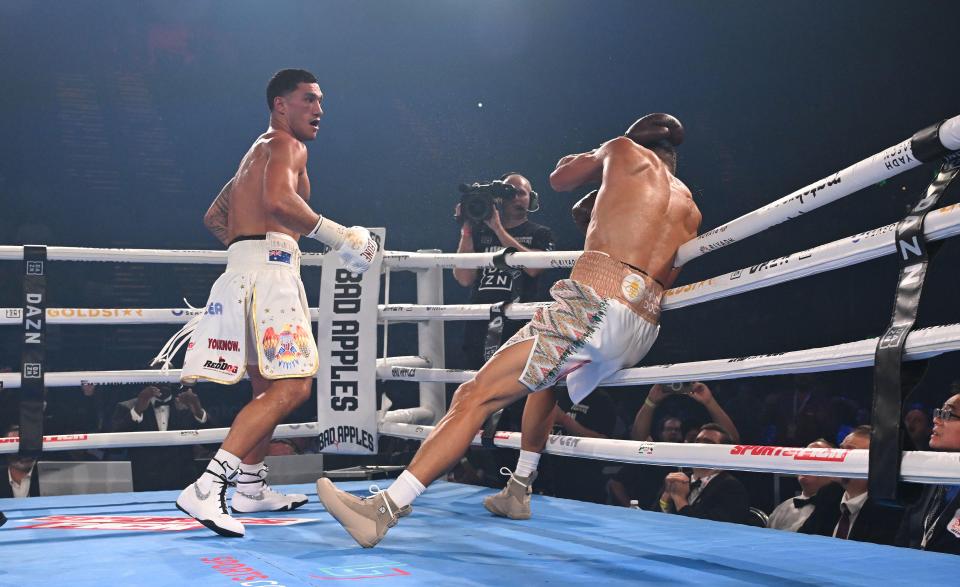 David Nyika of New Zealand being knocked out during a boxing match.