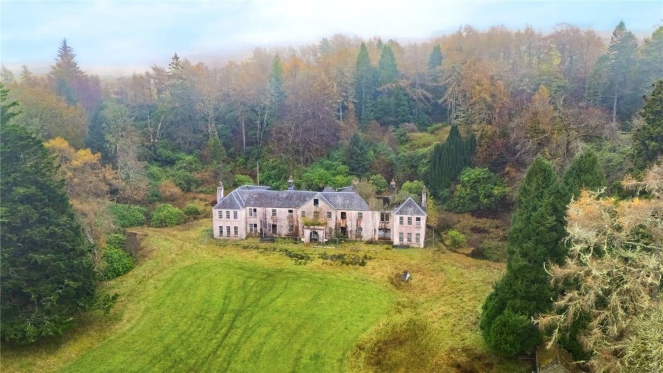 Aerial view of a derelict nine-bedroom mansion.