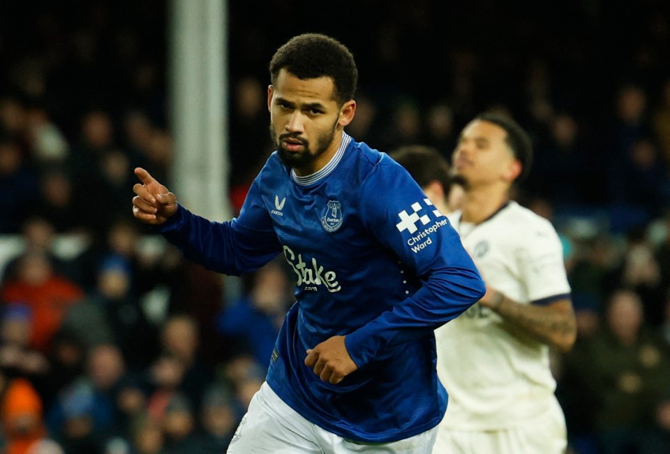 Iliman Ndiaye celebrates scoring a goal for Everton.