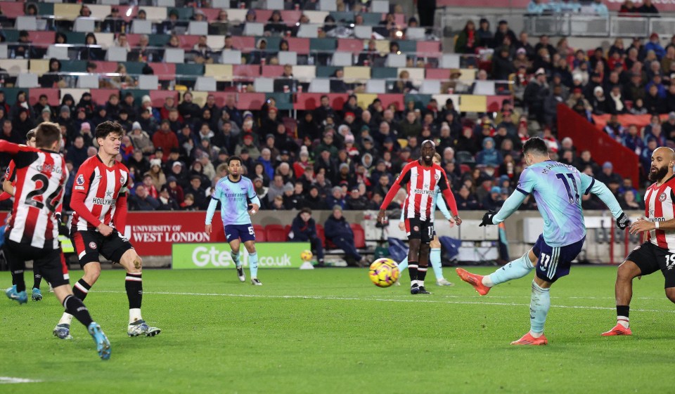 Gabriel Martinelli of Arsenal scores a goal during a Premier League match.