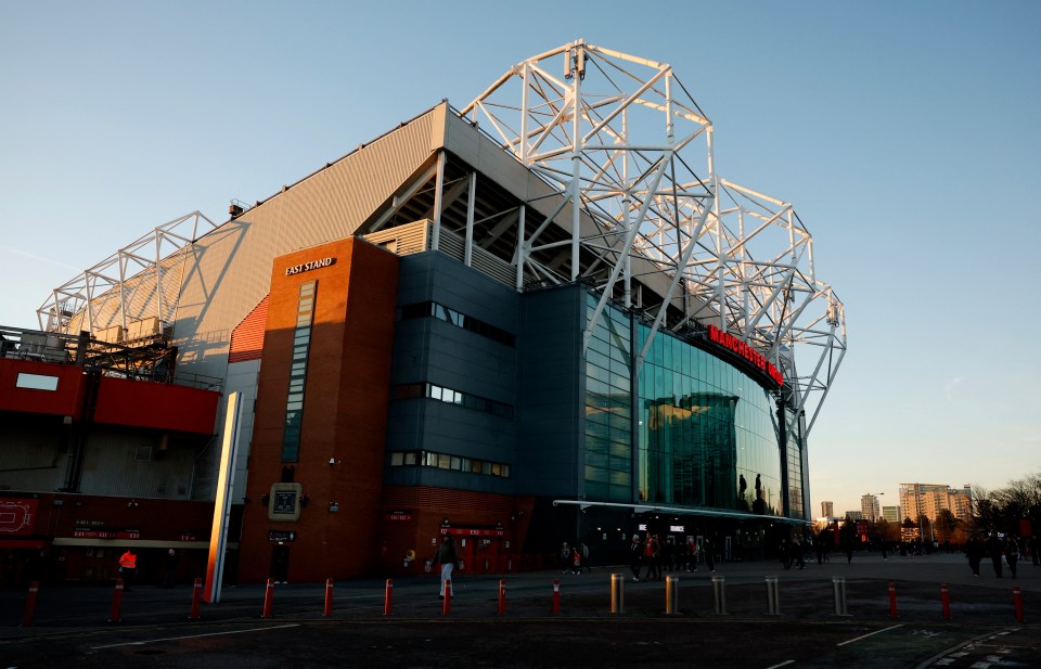 Exterior view of Old Trafford stadium before a Manchester United soccer match.