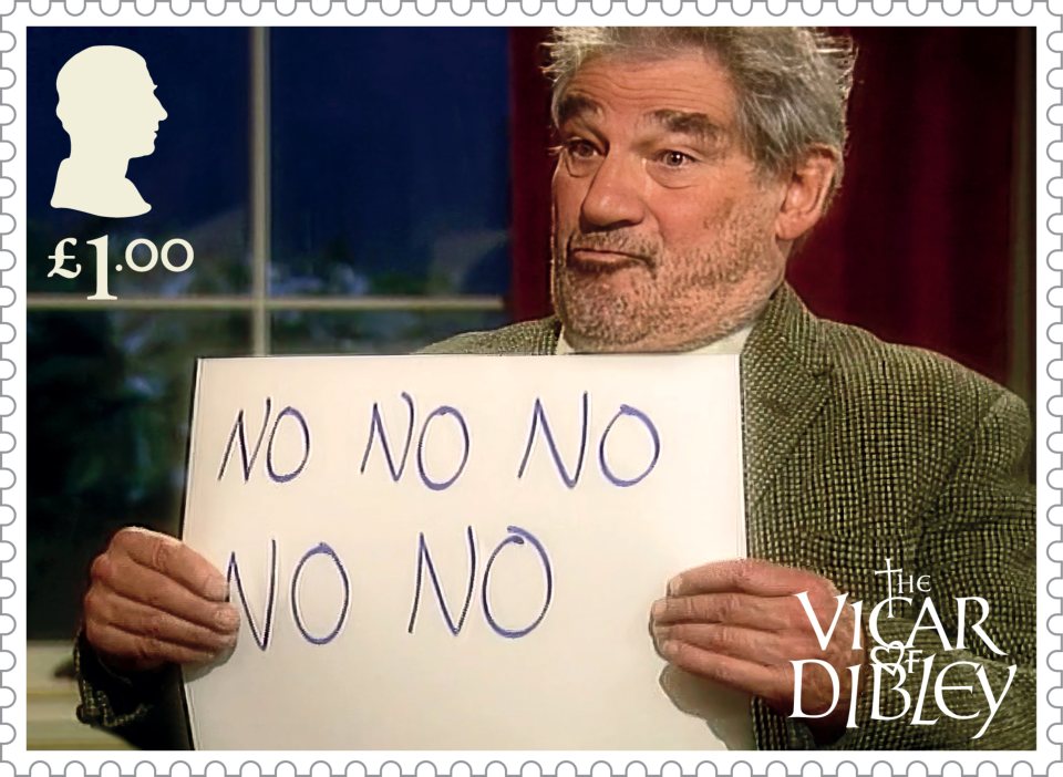 £1.00 stamp featuring David Horton from The Vicar of Dibley holding a sign that says "NO NO NO NO NO".