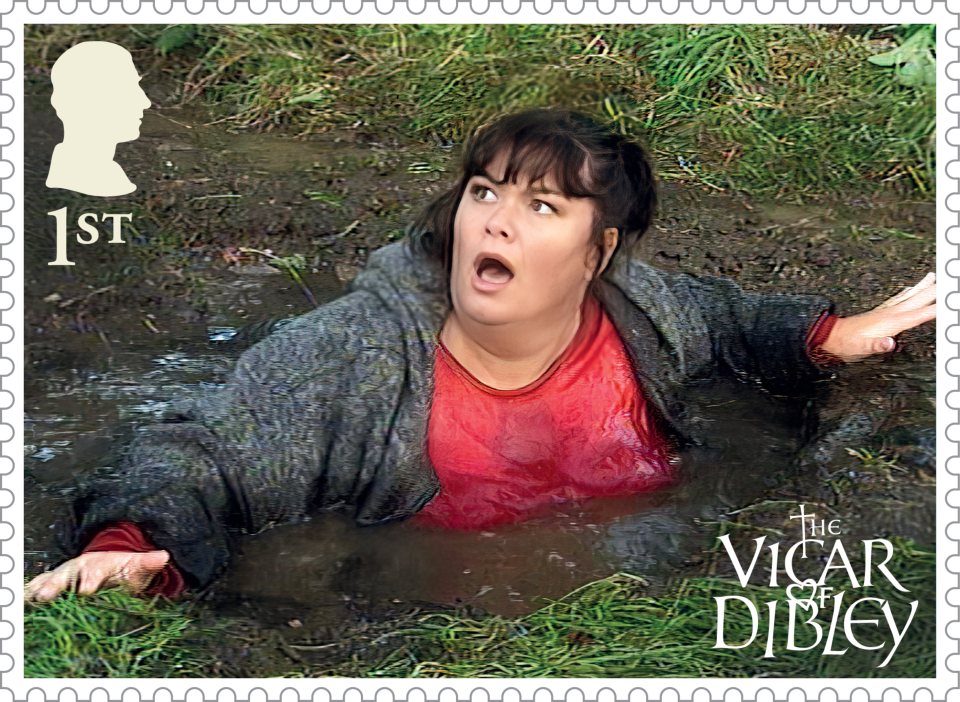 A Vicar of Dibley stamp depicting Geraldine Granger stuck in mud.