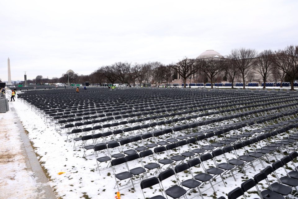 Empty chairs set up on the National Mall for a presidential inauguration.