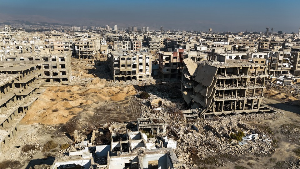 Aerial view of destroyed buildings in Jobar, a suburb of Damascus, Syria.