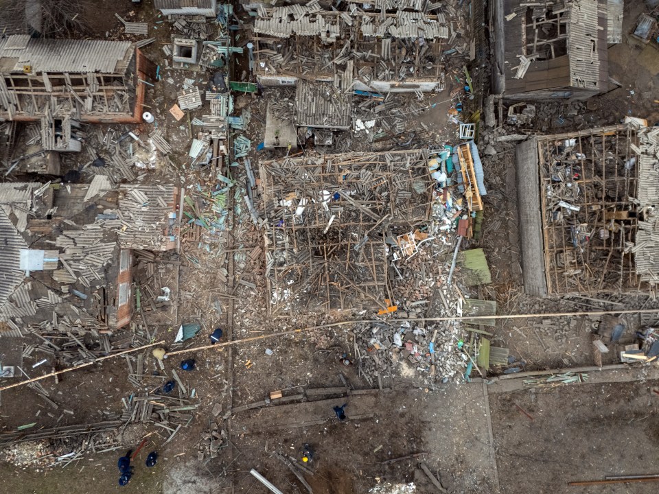 Aerial view of bomb-damaged houses in Kramatorsk, Ukraine.