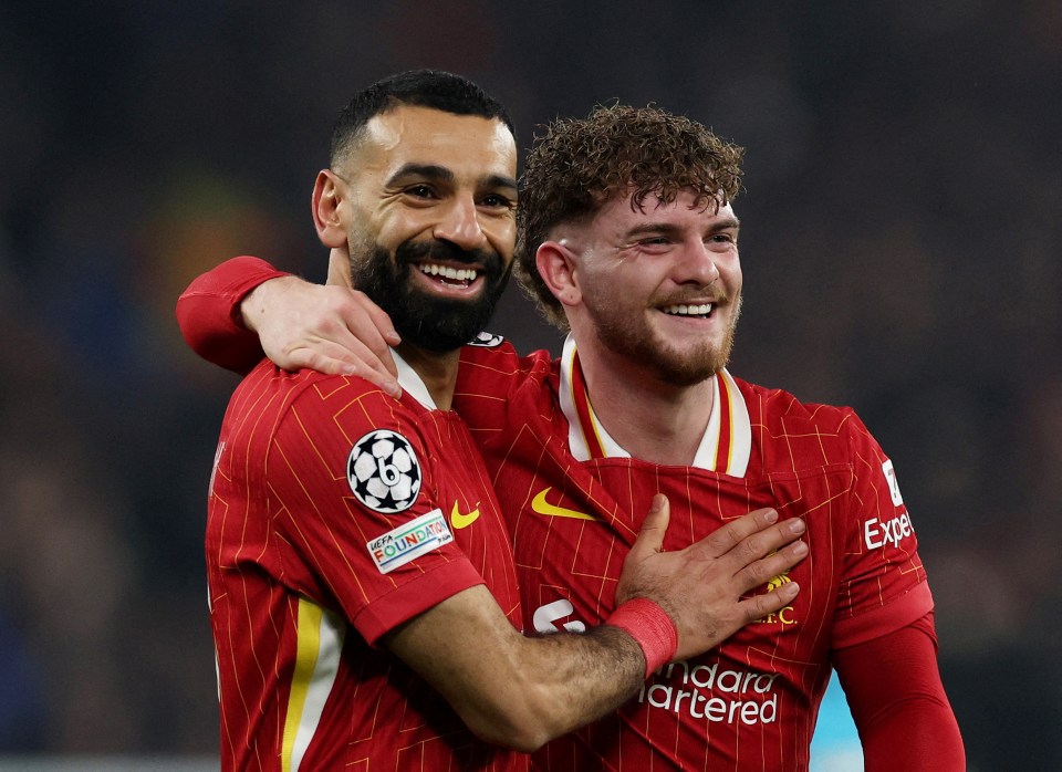 Harvey Elliott and Mohamed Salah celebrating a goal.