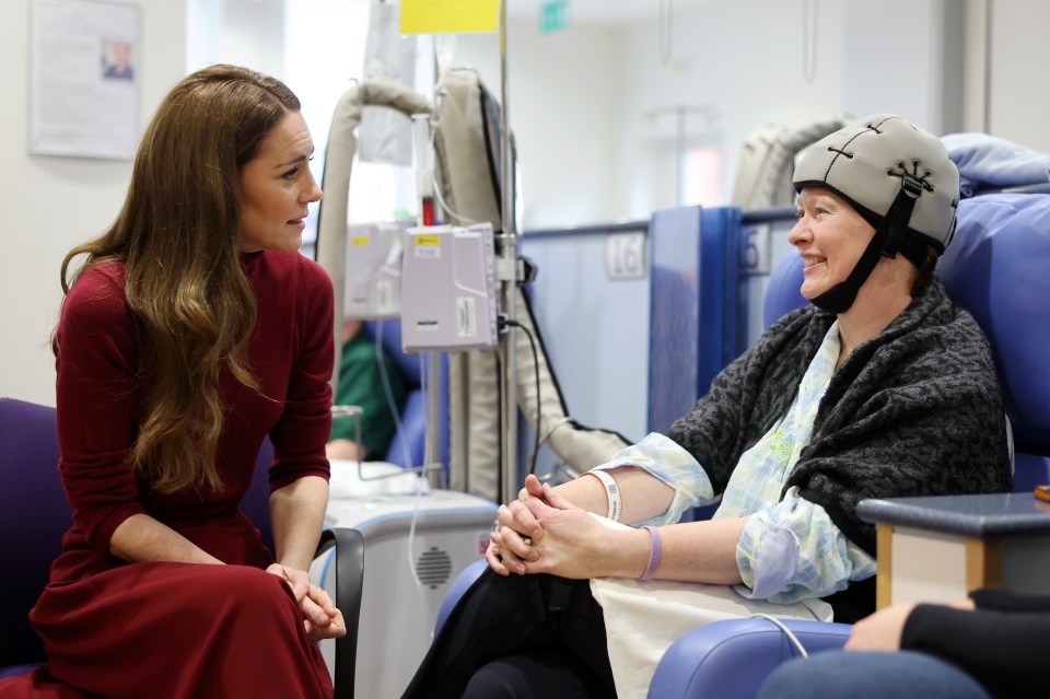 Princess Catherine speaking with a cancer patient at The Royal Marsden Hospital.