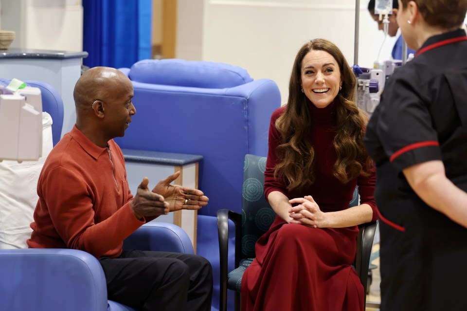 Princess Catherine speaking with a patient and hospital staff at The Royal Marsden Hospital.