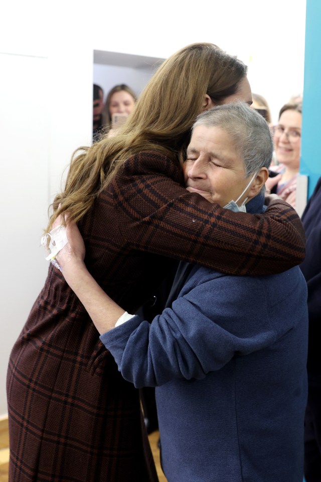 Princess Catherine hugging a patient at The Royal Marsden Hospital.