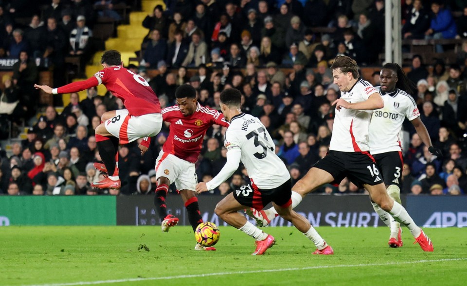 Manchester United's Amad Diallo attempting a goal during a soccer match.