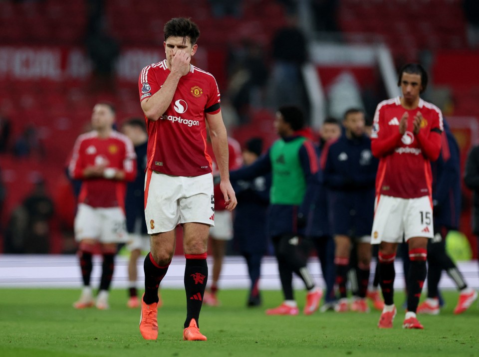 Harry Maguire of Manchester United looking dejected after a soccer match.