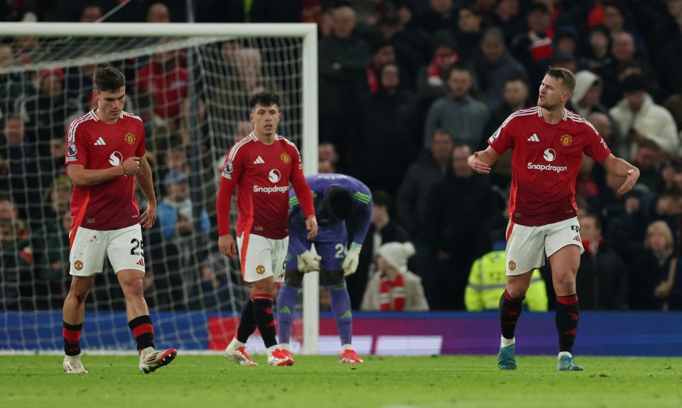 Manchester United players looking dejected after a goal.