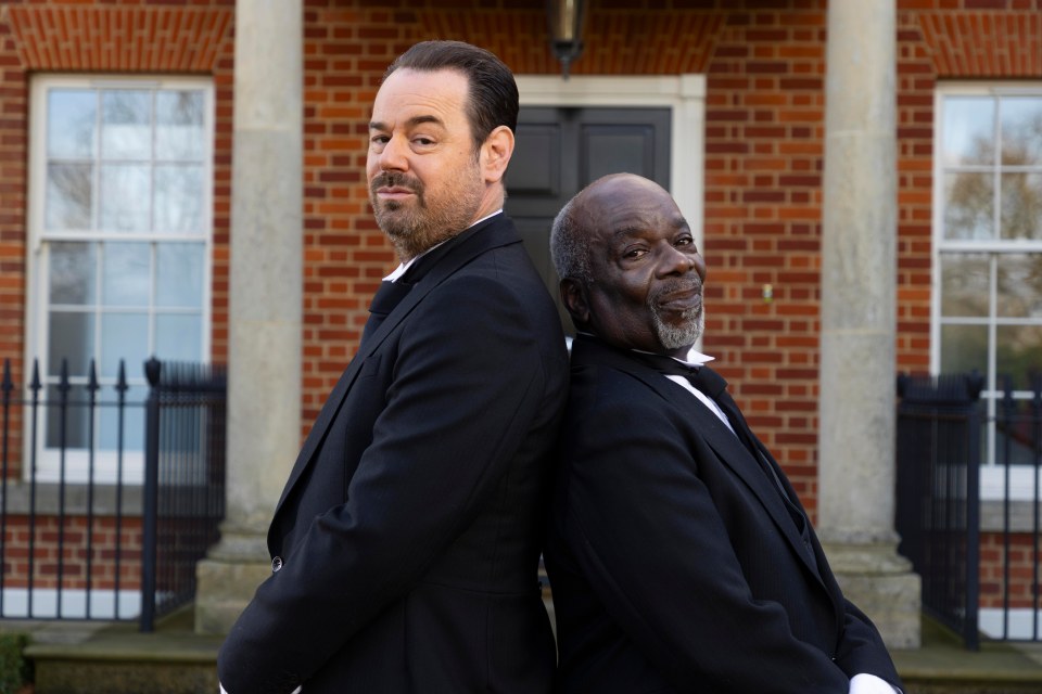 Danny Dyer and Joseph Marcell in butler attire for a Sky Broadband advertisement.