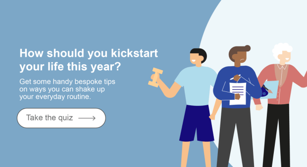 Illustration of three people, one holding weights, one holding a notepad, and one holding a paintbrush, with text asking how to kickstart your life this year and offering a quiz.