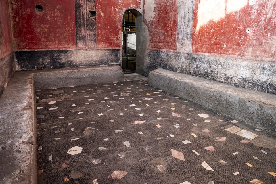 Newly discovered private bathhouse in Pompeii with mosaic floor.