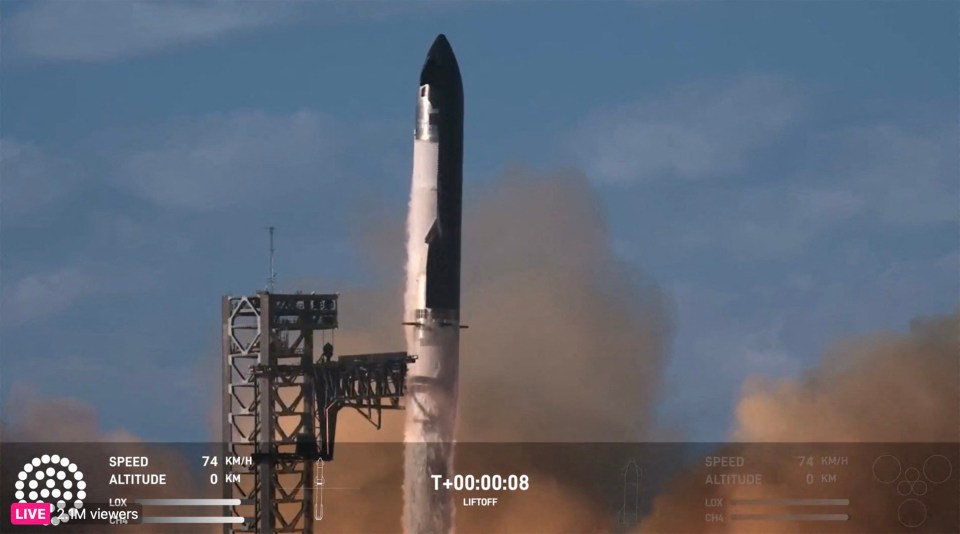 SpaceX Starship lifting off during its seventh orbital test.