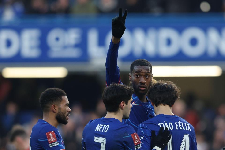 Tosin Adarabioyo of Chelsea celebrates a goal.