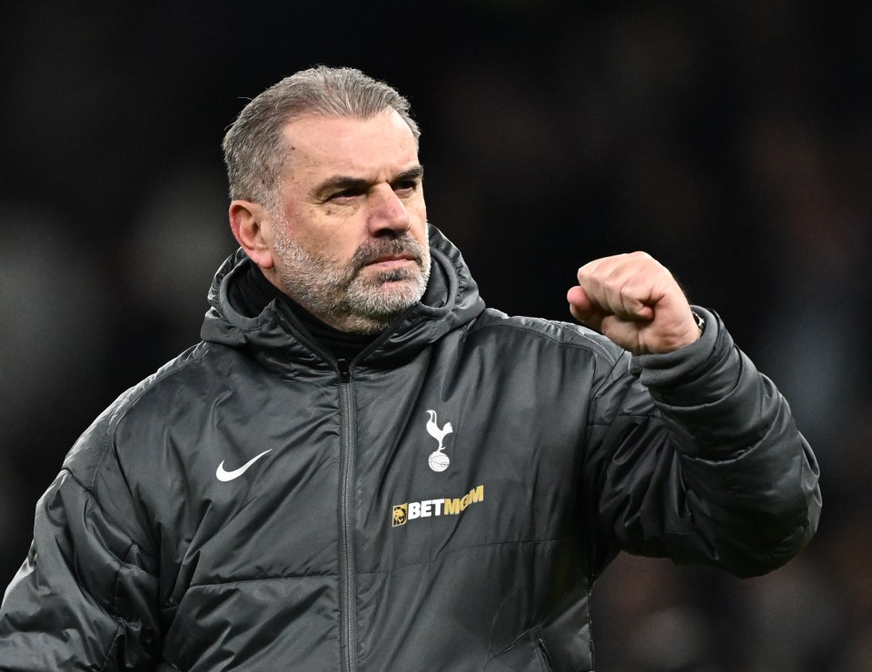 Ange Postecoglou, Tottenham Hotspur manager, celebrates.