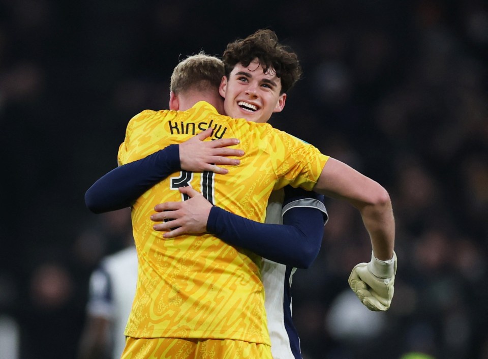 Archie Gray and Antonin Kinsky of Tottenham Hotspur celebrating.