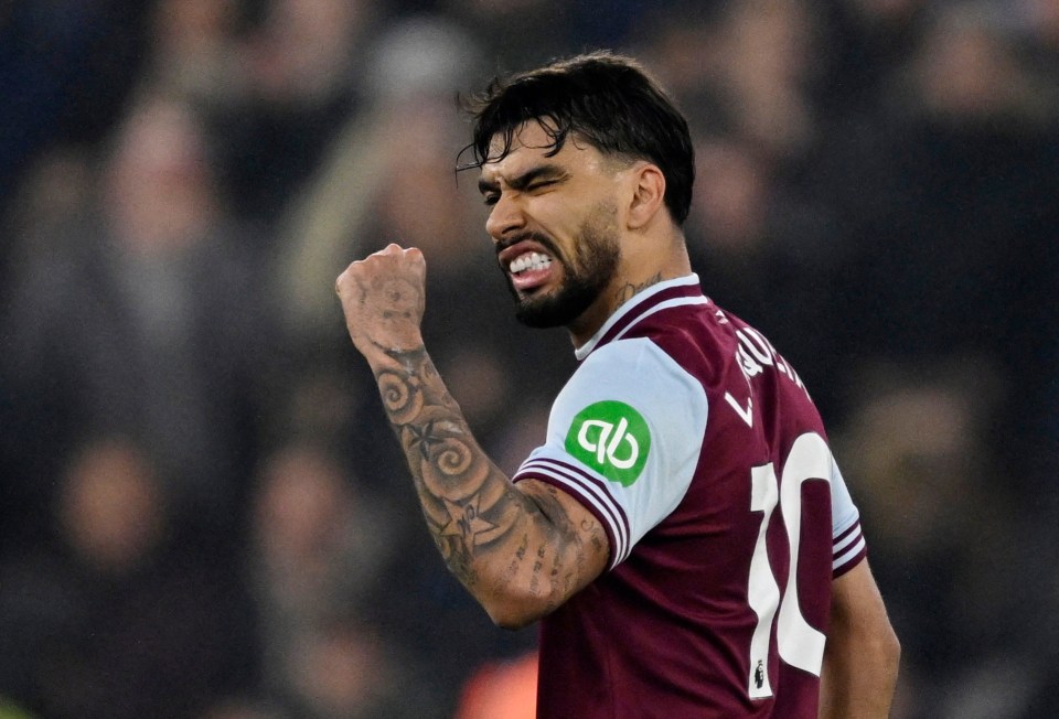 Lucas Paqueta of West Ham United celebrating a goal.