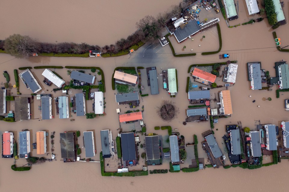 Little Venice Country Park submerged in floodwater in Yalding, England, today