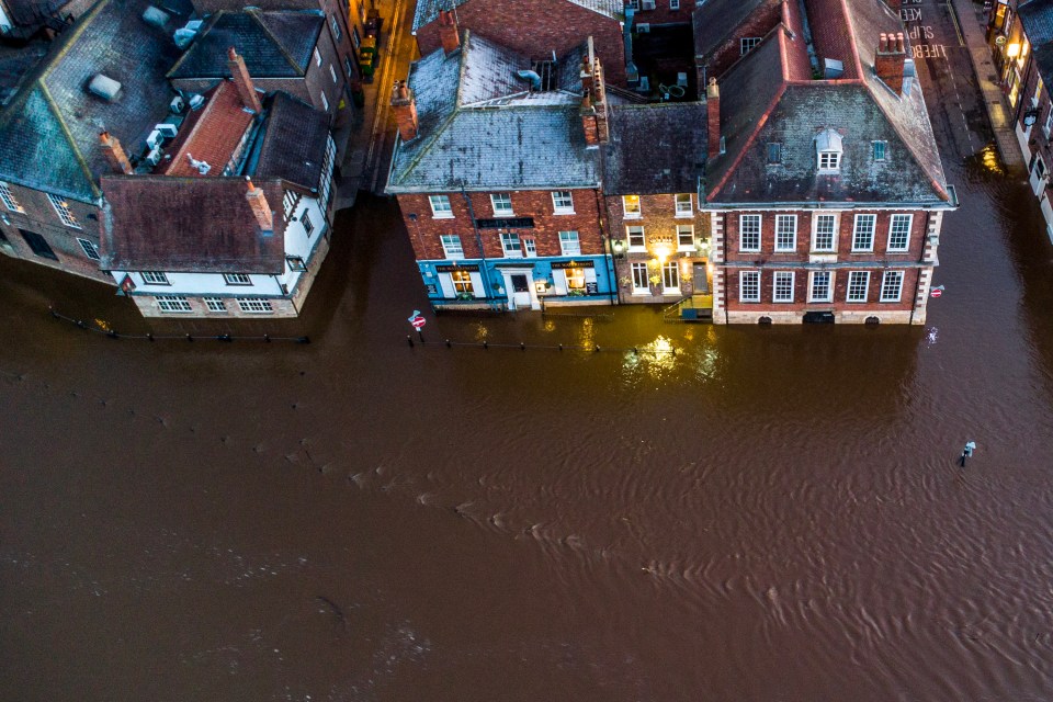 Aerial view of York, UK, flooded city center.