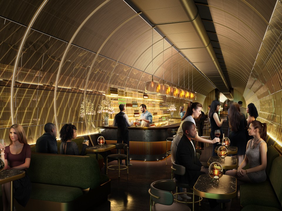 Illustration of a bar in a tunnel-like space.