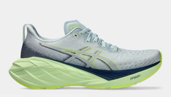 Light grey and lime green running shoe.