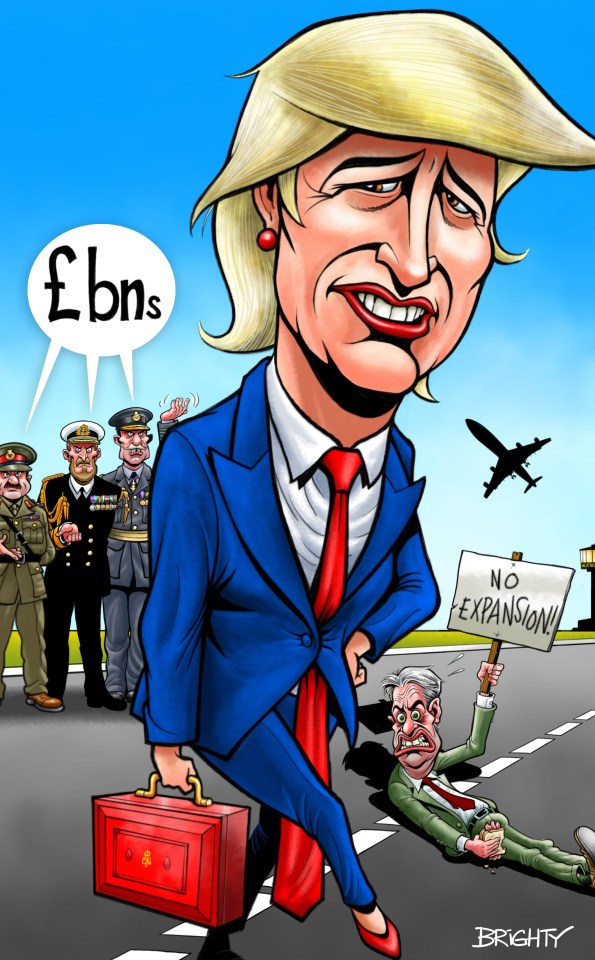 Illustration of a caricature of Liz Truss walking away from protesting military officials and a man holding a "No Expansion" sign.