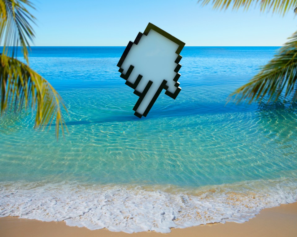 Computer cursor clicking on a tropical beach.