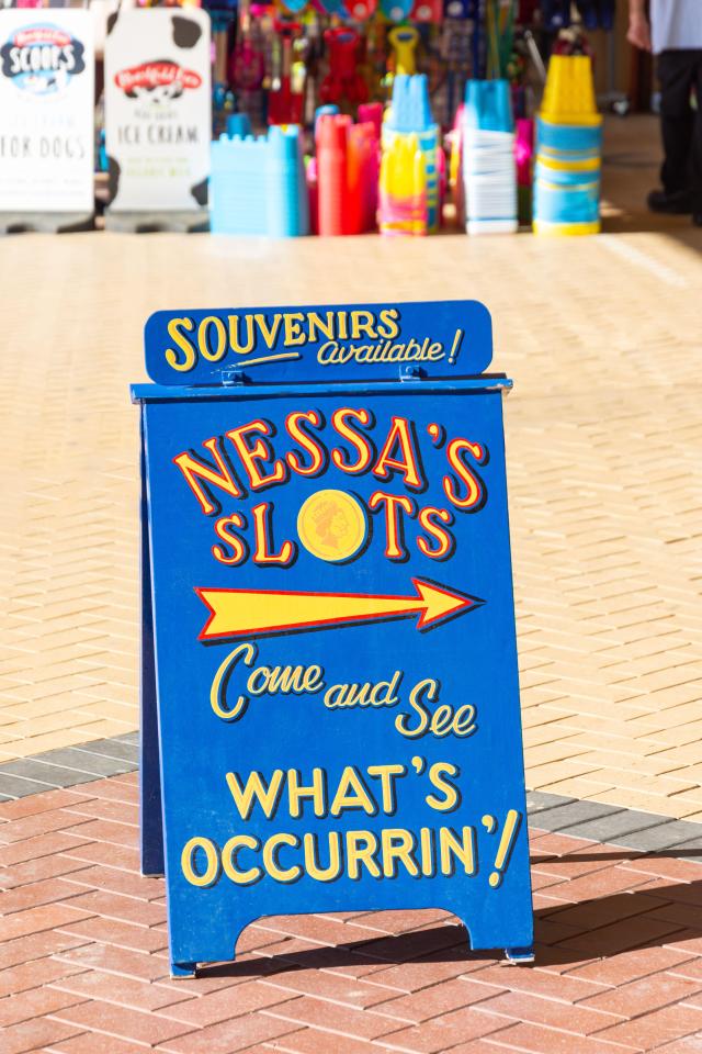 Nessa's Slots arcade sign on Barry Island promenade.