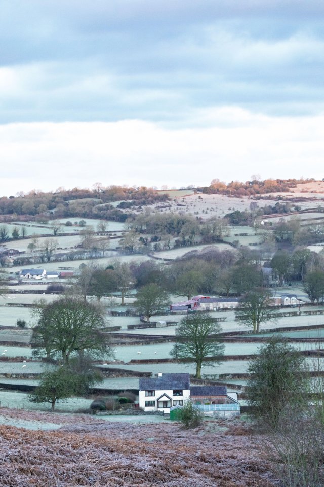 Frost-covered rural landscape in Flintshire, Wales, featuring a farmhouse.