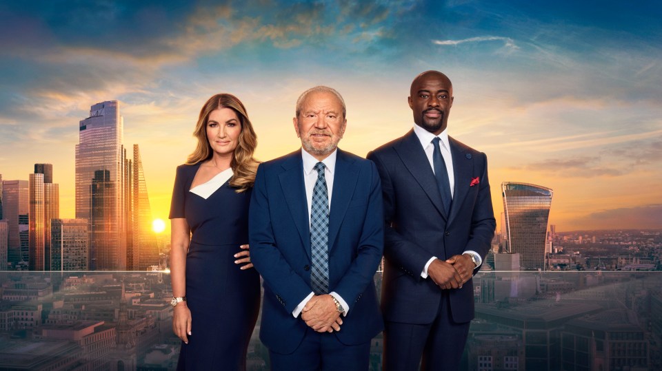 Promotional image for The Apprentice, featuring Lord Sugar, Baroness Brady, and Tim Campbell against a London cityscape backdrop.