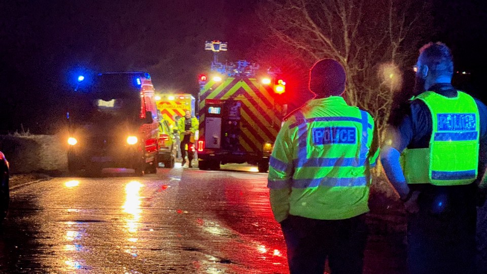 Police officers at a fatal car crash scene at night.