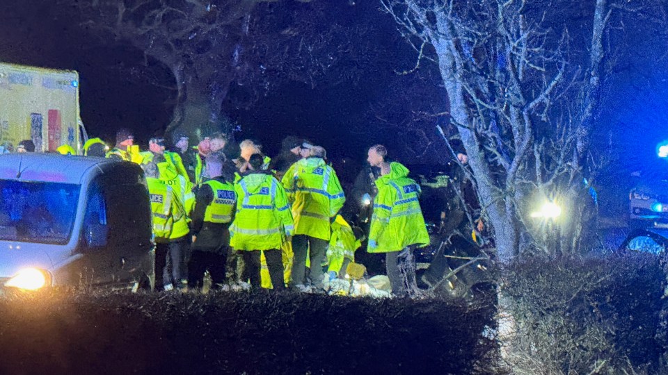 Emergency responders at a nighttime car accident scene.