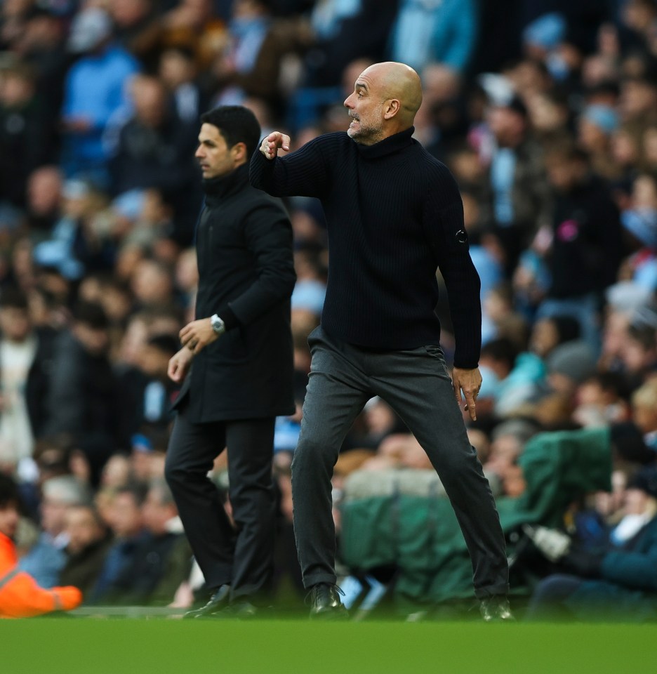 Pep Guardiola and Mikel Arteta on the sidelines of a soccer game.