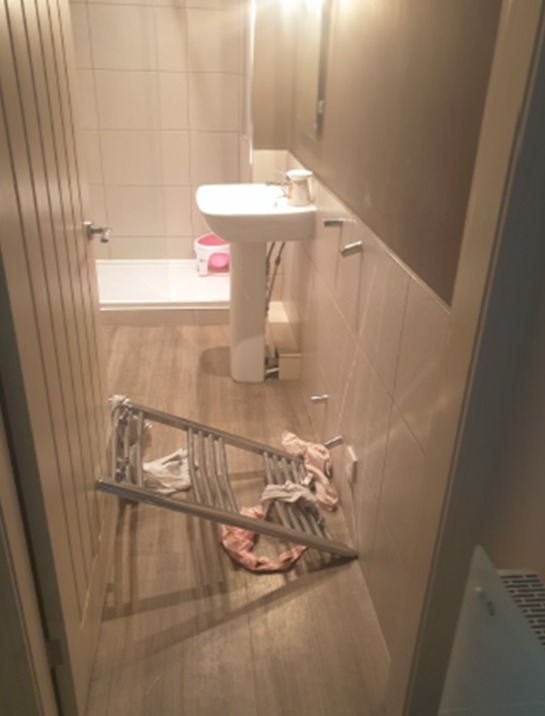 Bathroom with fallen towel rack.