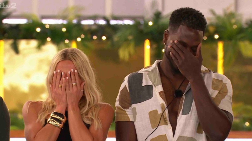 Screenshot of Love Island contestants reacting to a coupling announcement.